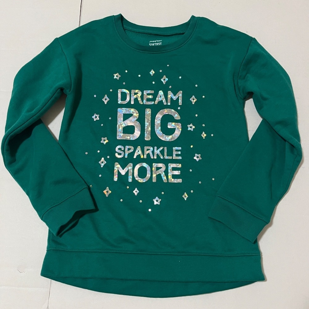 Jumping Beans Girls 7 Fleece Sweatshirt Green Dream Big Sparkle Graphic Casual‎